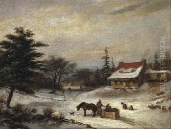 Habitant Farm In Winter Oil Painting by Cornelius David Krieghoff