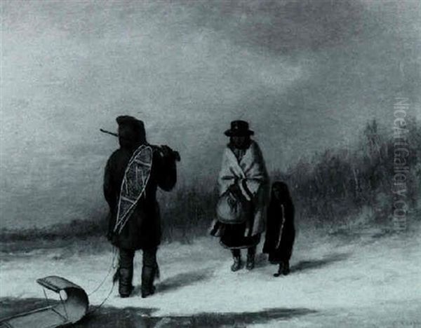 Winter Scene With Three Indians Oil Painting by Cornelius David Krieghoff