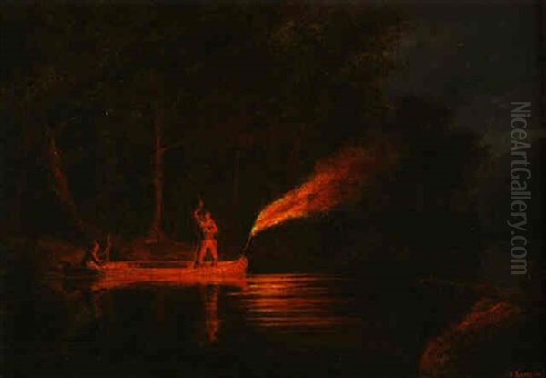 Spearing Salmon By Torchlight Oil Painting by Cornelius David Krieghoff