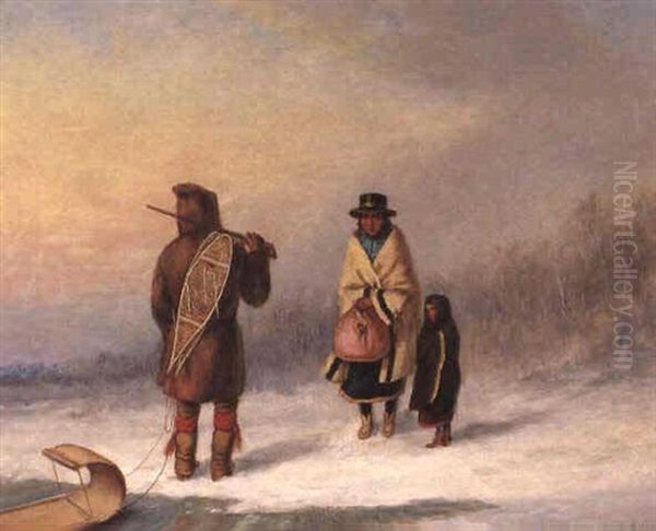 Winter Scene With Three Indians Oil Painting by Cornelius David Krieghoff