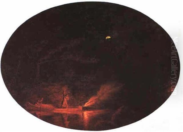 Moonlight - Salmon Fishing Oil Painting by Cornelius David Krieghoff