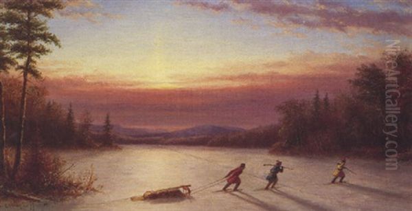 Indians Crossing Frozen Lake At Sunset by Cornelius David Krieghoff