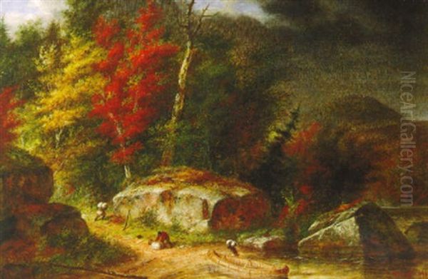 Three Hunters Preparing To Portage Oil Painting by Cornelius David Krieghoff