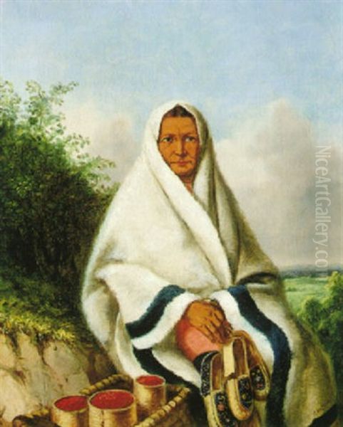 An Indian Squaw Seated On A Bank With A Panier Of Berries And Holding Mocassins Oil Painting by Cornelius David Krieghoff