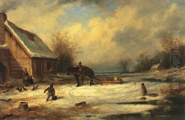 Habitant Farm, Winter Oil Painting by Cornelius David Krieghoff