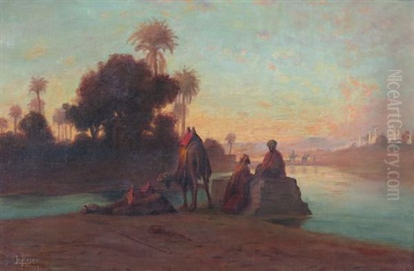 Sur Les Bords Du Nil Oil Painting by Etienne-Auguste Krier