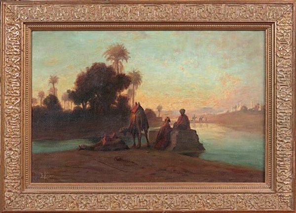 Sur Les Bords Du Nil Oil Painting by Etienne-Auguste Krier