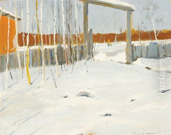 Russian Winter With Figures In Distant Background Oil Painting by Wladimir G. Krikhatzkij