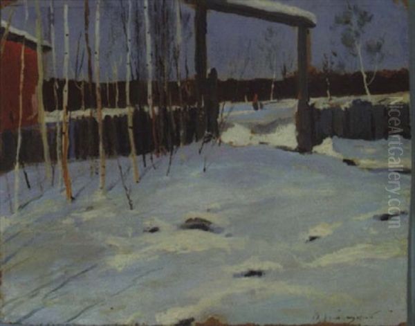 Russian Winter With Figures In Background Oil Painting by Wladimir G. Krikhatzkij