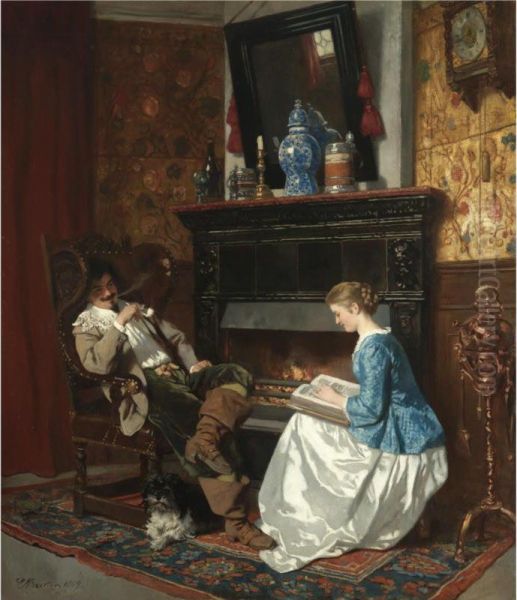 Junge Dame Am Kamin Sitzend (the Fireside Story) Oil Painting by Carl Becker