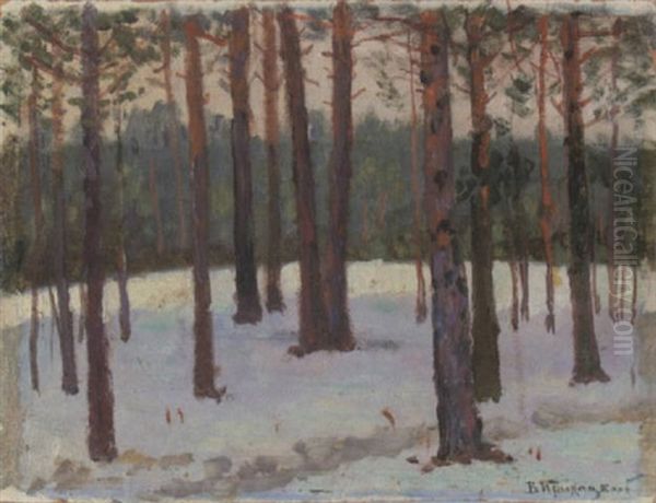 Snowy Wooded Landscape Oil Painting by Wladimir G. Krikhatzkij