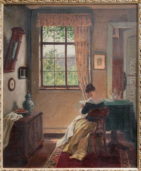 Interieur Mit Lesender Frau Oil Painting by Hugo Krings