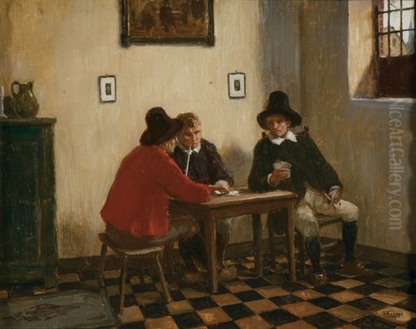 A Game Of Cards Oil Painting by Hugo Krings