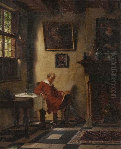 Interieur Mit Pfeife Rauchendem Gelehrten Oil Painting by Hugo Krings