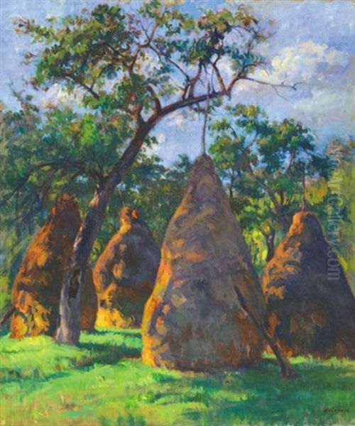 Haystacks Oil Painting by Janos Krizsan