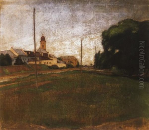 A Zazar-part Nagybanyan, Hatterben A Reformatus Templommal (the Banks Of The Zazar In Nagybanya, With The Reformed Church In The Background) Oil Painting by Janos Krizsan