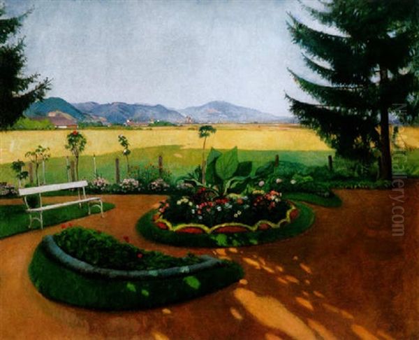 Arnyas Park, Hatterben A Napsutotte Nagybanyaval  (shadowy Park With The Sunlit View Of Nagybanya) Oil Painting by Janos Krizsan