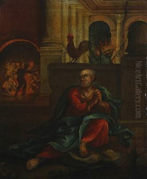 The Penitent Peter And The Crowing Cock Oil Painting by Hendrik Krock