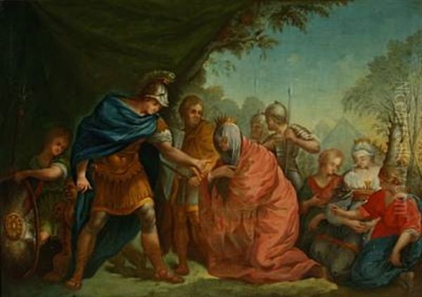 A Scene From The Antiquity With A Commander (alexander The Great?) Greeting A Queen And Her Companions Oil Painting by Hendrik Krock