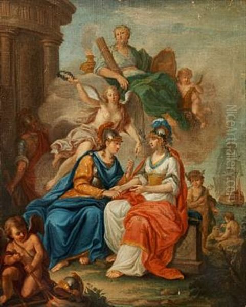 Allegory Of Denmark And Norway In The Shape Of Women In Classical Robes Oil Painting by Hendrik Krock