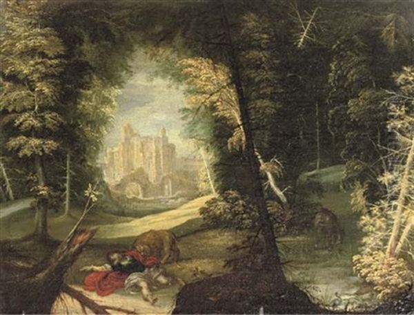 A Wooded Landscape With A Man Being Attacked By A Lion Oil Painting by Matthias Krodel the Elder