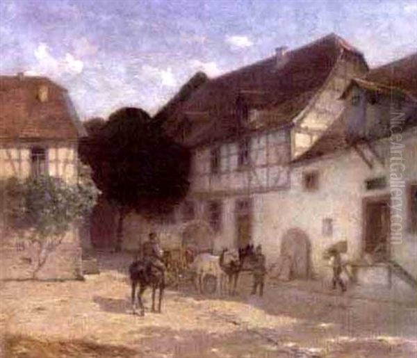 A Village Courtyard Scene With Horse And Wagon Oil Painting by Heinrich Reinhard Kroeh