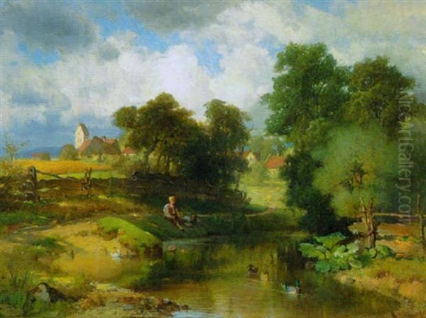 Angelnder Knabe Am Bachufer Oil Painting by Heinrich Reinhard Kroeh