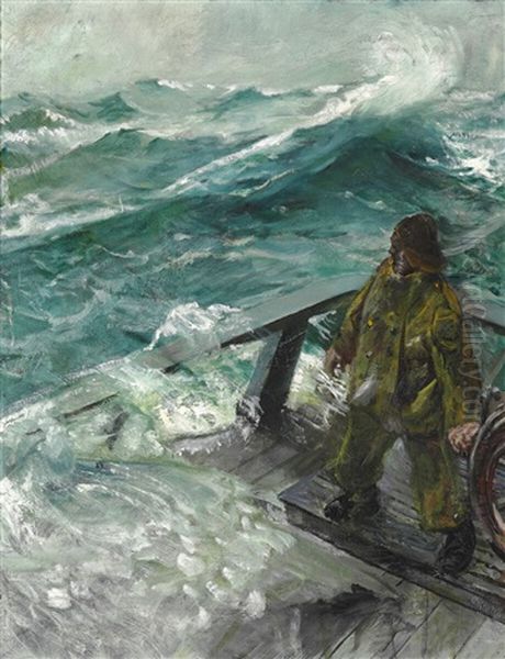 A Helmsman In Stormy Weather On The Sea by Christian Krohg