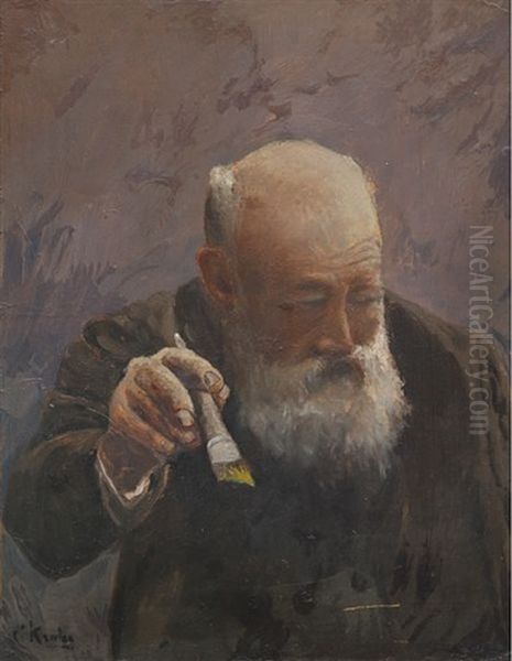 Selvportrett Med Pensel Oil Painting by Christian Krohg