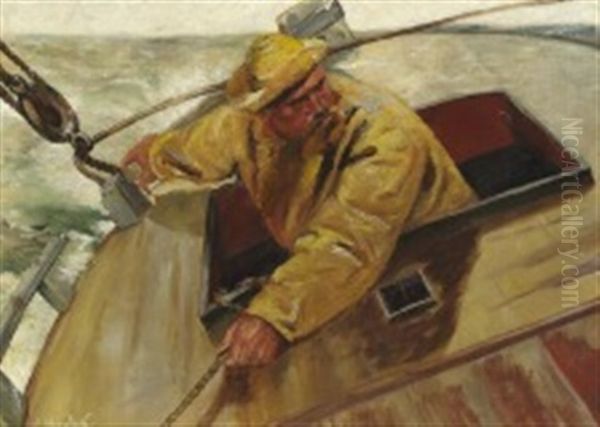 A Fisherman In Yellow Rainwear In His Boat Oil Painting by Christian Krohg