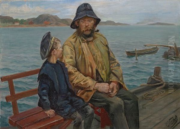 Fisker Og Gutt Pa Bryggen Oil Painting by Christian Krohg