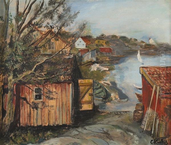 Kystlandskap Med Smahus Og Seilbat Oil Painting by Christian Krohg