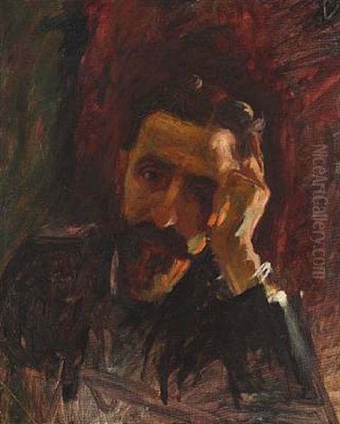 A Bearded Man In Deep Thoughts Oil Painting by Christian Krohg