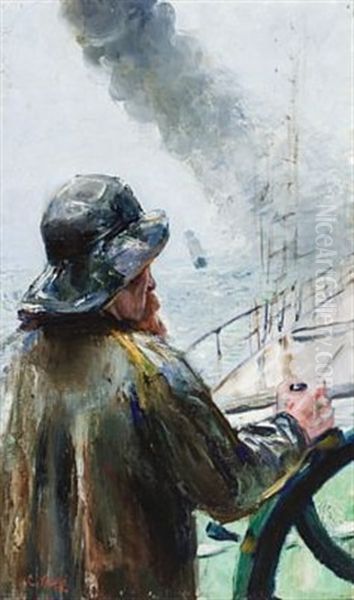 Styrmann Ved Roret Oil Painting by Christian Krohg