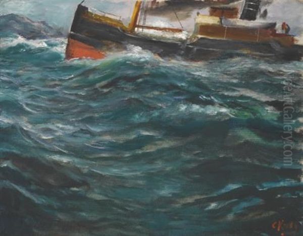 A Ship In Rough Seas Oil Painting by Christian Krohg