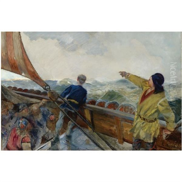 Leif Eriksson Oppdager Amerika (leif Eriksson Discovers America) Oil Painting by Christian Krohg