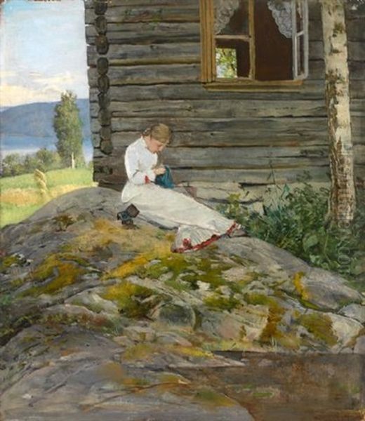 Ung Pike Med Handarbeid Oil Painting by Christian Krohg