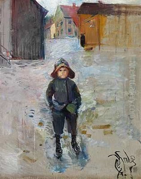 En Lille Gut Pa En Regnvad Gade Oil Painting by Christian Krohg