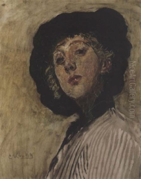 Dame Med Sort Hatt Oil Painting by Christian Krohg