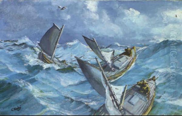 Marine Med Fiskerbade, Frisk Veir Oil Painting by Christian Krohg