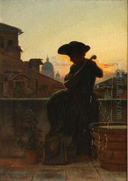 Evening Scene From Rome With A Mandolin Player On A Terrace Oil Painting by Pietro Kobke Krohn