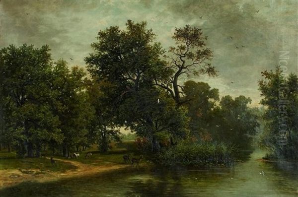 Parklandschaft Mit Einem Rudel Rotwild Am Wasser Oil Painting by Oskar Kroll