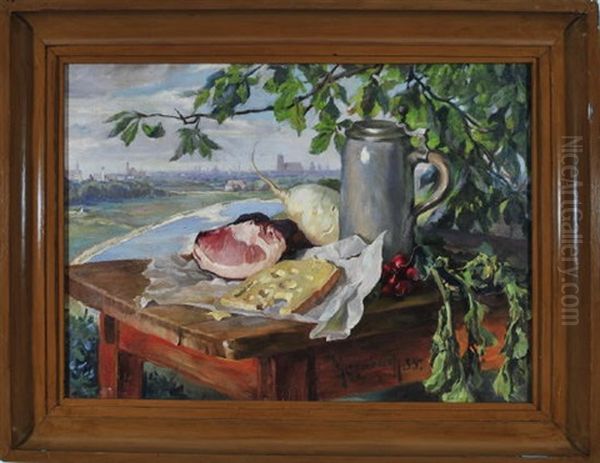 Brotzeit Mit Maskrug, Schinken, Kase, Radieschen Und Rettich Auf Einem Tisch Mit Blick Auf Das Isartal Vor Munchen Oil Painting by Paul Peter (Max) Krombach