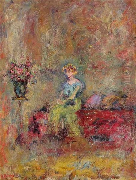 Femme Assise A La Robe Verte Oil Painting by Paul Kron