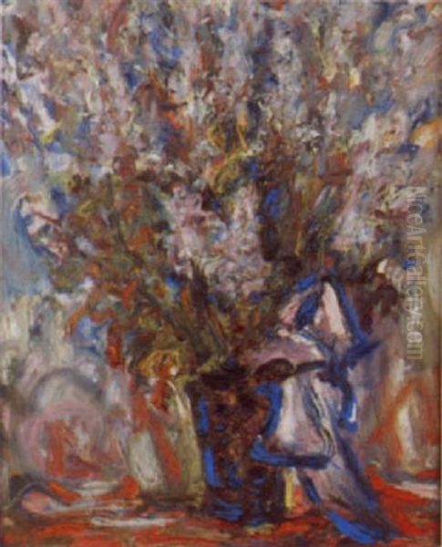 Farbenfroher Blumenstrauss In Blauer Vase Oil Painting by Paul Kron