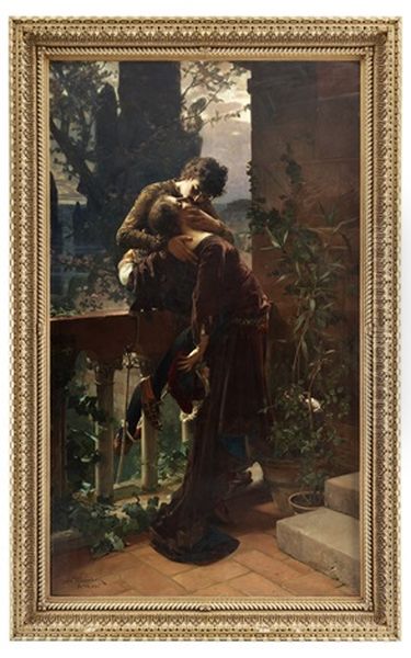 Romeo Och Julia Pa Balkongen Oil Painting by Julius Johann Ferdinand Kronberg