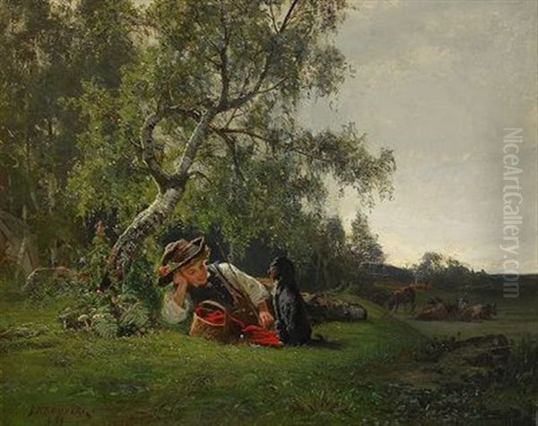 Pojke Med Hund I Landskap Oil Painting by Julius Johann Ferdinand Kronberg