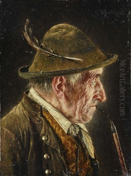 Portrait Of A Farmer With Pipe In Profile Oil Painting by Carl Kronberger