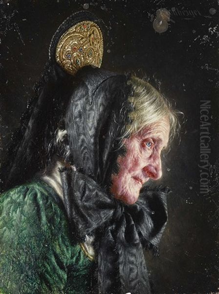 Old Farmers Wife With Mob Cap Oil Painting by Carl Kronberger