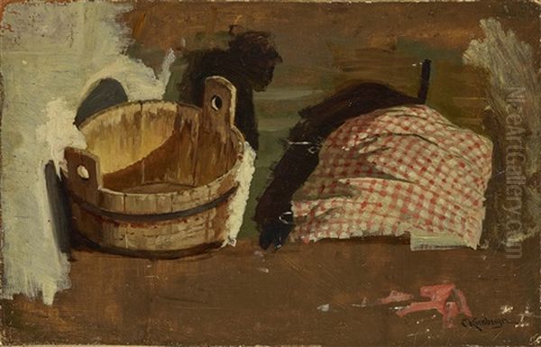 Study Of A Wooden Tub And A Chequered Cloth Oil Painting by Carl Kronberger